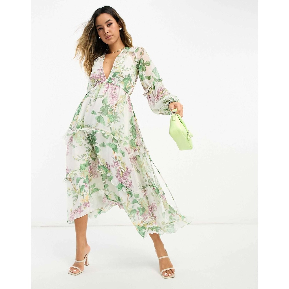 ASOS DESIGN Floral Tiered Midi Dress Lilac Green Ruffle V-Neck Long Sleeve US 6